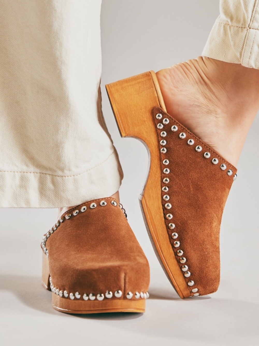 NWT: Tan Suede Studded Wood Bottom Clogs (37 EU - 6 / 6.5 US) - Picture 2 of 6